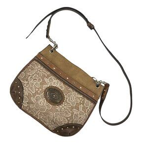 Justin Boots Taupe Brown/ Cream Leather Lace Crossbody Western Bag Purse